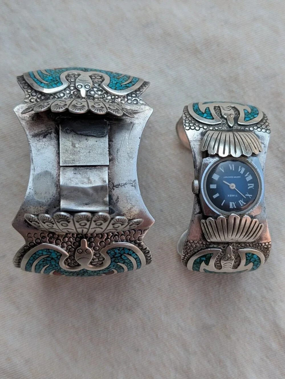 Vintage His And Hers Sterling Turquoise Thunderbird Watch Bands Franklin Navajo